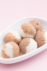 Indian Mithai Chocolate Rasgulla Also Called Choco Gulla, Rasagola, Rosgola, Roshogolla, Rossogolla, Rasbhari Or Rasbari Is Ball Shaped Dumpling Made Of Chhena, Sugar Syrup, Chena, Panir ,Paneer