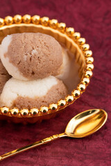 Indian Mithai Chocolate Rasgulla Also Called Choco Gulla, Rasagola, Rosgola, Roshogolla, Rossogolla, Rasbhari Or Rasbari Is Ball Shaped Dumpling Made Of Chhena, Sugar Syrup, Chena, Panir ,Paneer