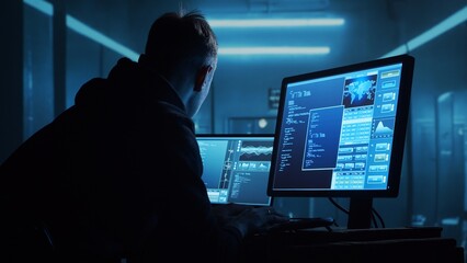 Fototapeta premium Computer Hacker in Hoodie. Obscured Dark Face. Concept of Hacker Attack, Virus Infected Software, Dark Web and Cyber Security.