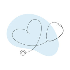 One line silhouette healthcare collection. Vector linear art illustration. Black outline heart and stethoscope symbol with green splash on white background. Design element for cardiology, health care