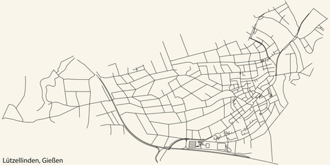 Detailed navigation black lines urban street roads map of the LÜTZELLINDEN DISTRICT of the German town of GIESSEN, Germany on vintage beige background