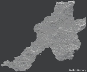 Topographic negative relief map of the town of GIESSEN, GERMANY with white contour lines on dark gray background