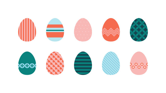 Easter egg collection. Vector modern illustration set. Abstract color flat geometric pattern isolated on white background. Design for happy easter day holiday.