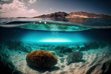 Obraz premium Underwater photography of the sandy bottom and marine life. Based on Generative AI