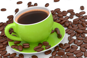 Ceramic coffee cup with coffee beans for americano, espresso, latte on white