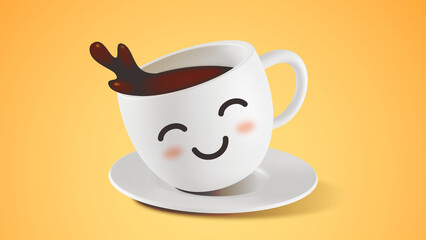 3d illustration of white cup of coffee with saucer on yellow background