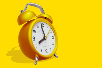 3d illustration of yellow retro alarm clock with arrow