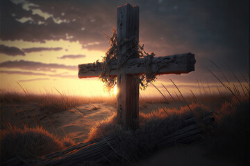 Purple landscape with sky and wooden cross or crucifix. Lent Season, Holy Week, Palm Sunday and Good Friday. Lent, Christian church period of penitential preparation for Easter. AI generative