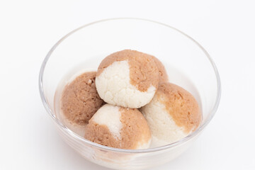 Indian Mithai Chocolate Rasgulla Also Called Choco Gulla, Rasagola, Rosgola, Roshogolla, Rossogolla, Rasbhari Or Rasbari Is Ball Shaped Dumpling Made Of Chhena, Sugar Syrup, Chena, Panir ,Paneer