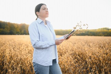 Female farmer or agronomist examining soybean plants in field.