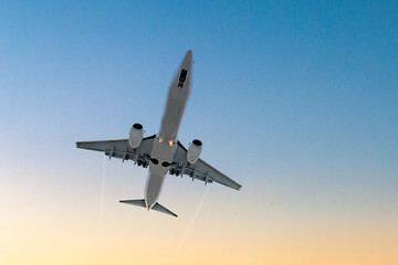 Fototapeta na wymiar Flying passenger airplane in the cloudy sky