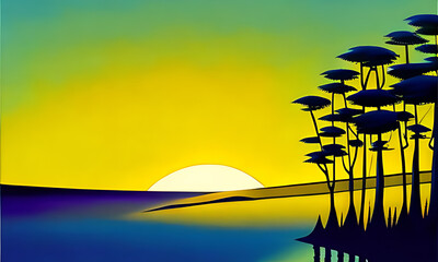 Generative AI. vivid sunset on beach illustration