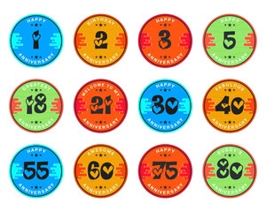 Anniversary Emblem Templates Collection. Wedding badges in flat modern style and different color palletes. Birthday anniversary labels set. Stock vector designs