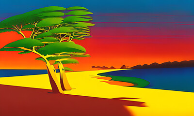Generative AI. vivid sunset on beach illustration