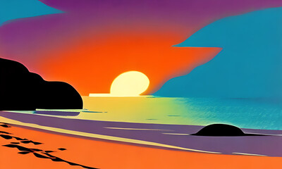 Generative AI. vivid sunset on beach illustration