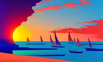 Generative AI. vivid sunset on beach illustration