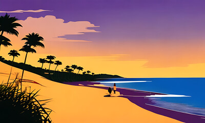 Generative AI. vivid sunset on beach illustration