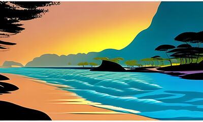 Generative AI. vivid sunset on beach illustration