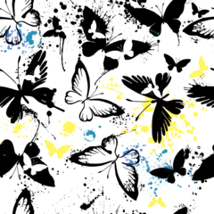 Schilderijen op glas Seamless pattern of butterflies from watercolor blots. Bright graphic butterflies on white background. Abstract hand-drawn texture. © Мария Неноглядова