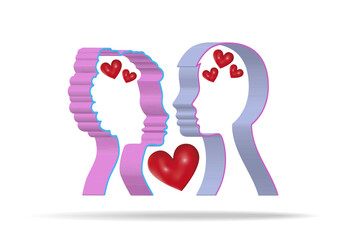 The silhouette of a man's head with hearts as a concept of love. 3d, vector image.