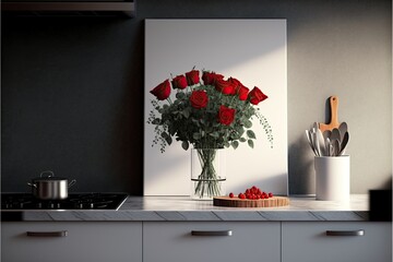 A minimalist Valentine's Day kitchen with a bouquet of red roses on the countertop generative ai