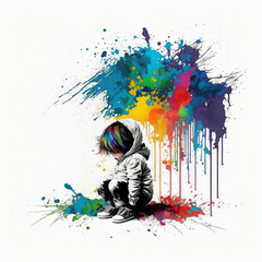 a child with a wild imagination, white background, bright colours, sketch, minimalistic