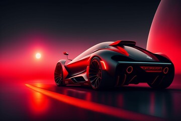 Fototapeta na wymiar Red and matte Black Car: A futuristic image with maximum matte black color and with some red glowing color, 8k, detailed, Realistic