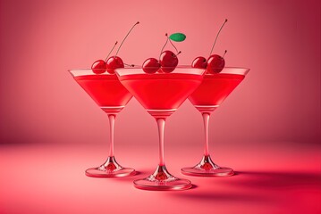 In this case, three red maraschino cherries sit over a pink backdrop. Generative AI - obrazy, fototapety, plakaty