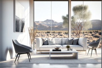 A spacious minimalist living room interior with a white sofa and chairs, a glass coffee table, and a light-filled view of the outdoors generative ai