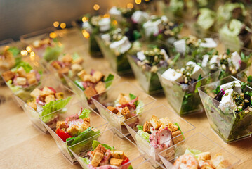 Caesar salad and Beet salad with feta cheese cream with pesto sauce and pine nuts. Salads in disposable plastic dishes for a buffet. Catering at an event. Healthy appetizers.