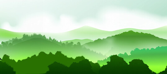 Mountain landscape vector illustration background with lake
