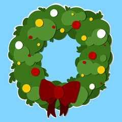 Cartoon art of pine christmas wreath with red bowtie isolated on blue background.