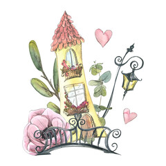 A cute house with a lantern, a bridge, trees, flowers and hearts. Watercolor illustration. Composition from the PARIS collection. For the design and decoration of prints, posters, souvenirs, travel