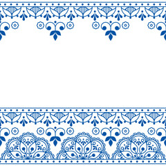 Obraz premium Scandinavian folk art outline vector greeting gard and seamless pattern, navy blue retro design with flowers inspired by old embroidery backgrounds 