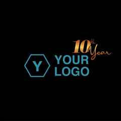 Golden 10th year typography icon with dummy company logo.