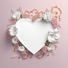 AI generated valentines day card with white shape of heart and decorative flowers.