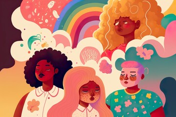 Portrait of stylish BIPOC people on colorful surreal background. Illustration in flat style with soft shapes. Generative AI