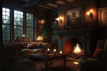 Fototapeta premium Cozy and inviting traditional home with glowing fireplace generative ai