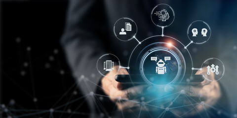 Digital chatting artificial intelligence chatbot. Chatbot, chatGPT, robot application, conversation assistant concept. AI, Robot application and global connecting. Human feedback learning technology.