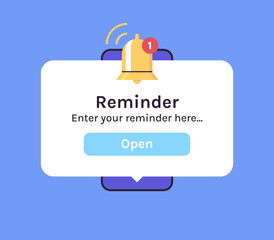 Smartphone with alarm clock reminder message on screen and new notice on smartphone screen view, alert notification bell concept flat vector illustration.