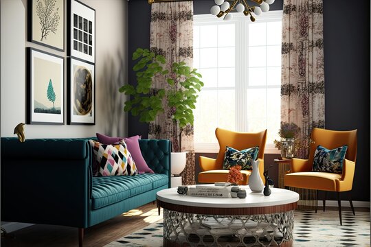 Eclectic living room interior design with a mix of vintage and modern furniture, patterned curtains, and bold wall art generative ai