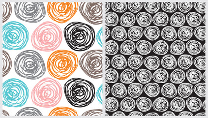 Simple Dotted Seamless Vector Patterns. Brush Circles made of Scribbles Isolated on a White and Black Background. Polka Dots on a White. Cute Simple Abstract Repeatable Print ideal for Fabric.