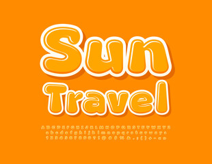 Vector touristic emblem Sun Travel. Bright funny Font. Yellow cute Alphabet Letters, Numbers and Symbols set