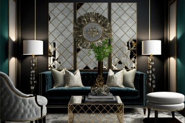 Fototapeta na wymiar Glamorous living room interior design with a mirrored wall, velvet seating, and crystal accents generative ai