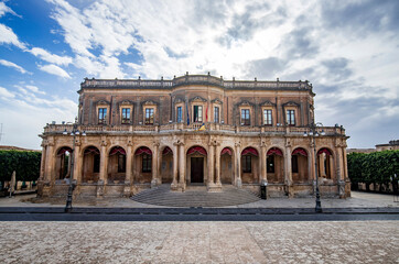 Fototapeta na wymiar Facade of Palazzo Ducezio, is a historical building and a major landmark in Noto. Sicily
