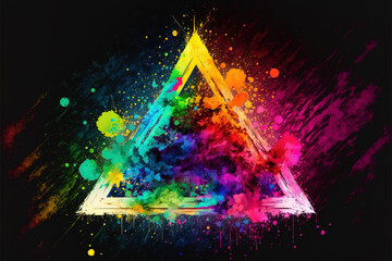 Triangle Happy Holi colorful background. Festival of colors, colorful rainbow holi paint color powder explosion isolated white wide panorama background.