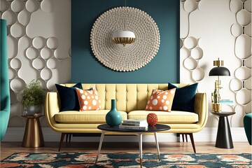 Mid-century modern living room interior design with a tufted sofa, bold patterned rug, and retro wall art generative ai