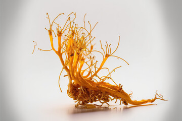 See the unique beauty of a Cordyceps fungus on a stark white background. Marvel at its intricate, delicate structure and natural elegance