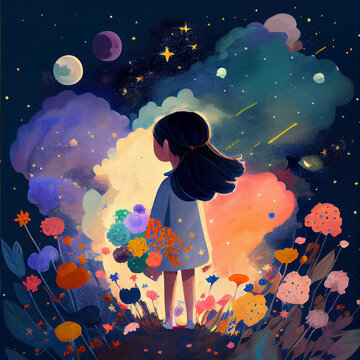 The girl is looking at the colorfull sky