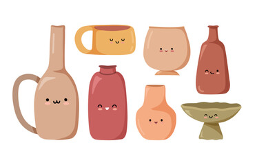 Set of kawaii pottery objects. Cute ceramic crockery vector collection.